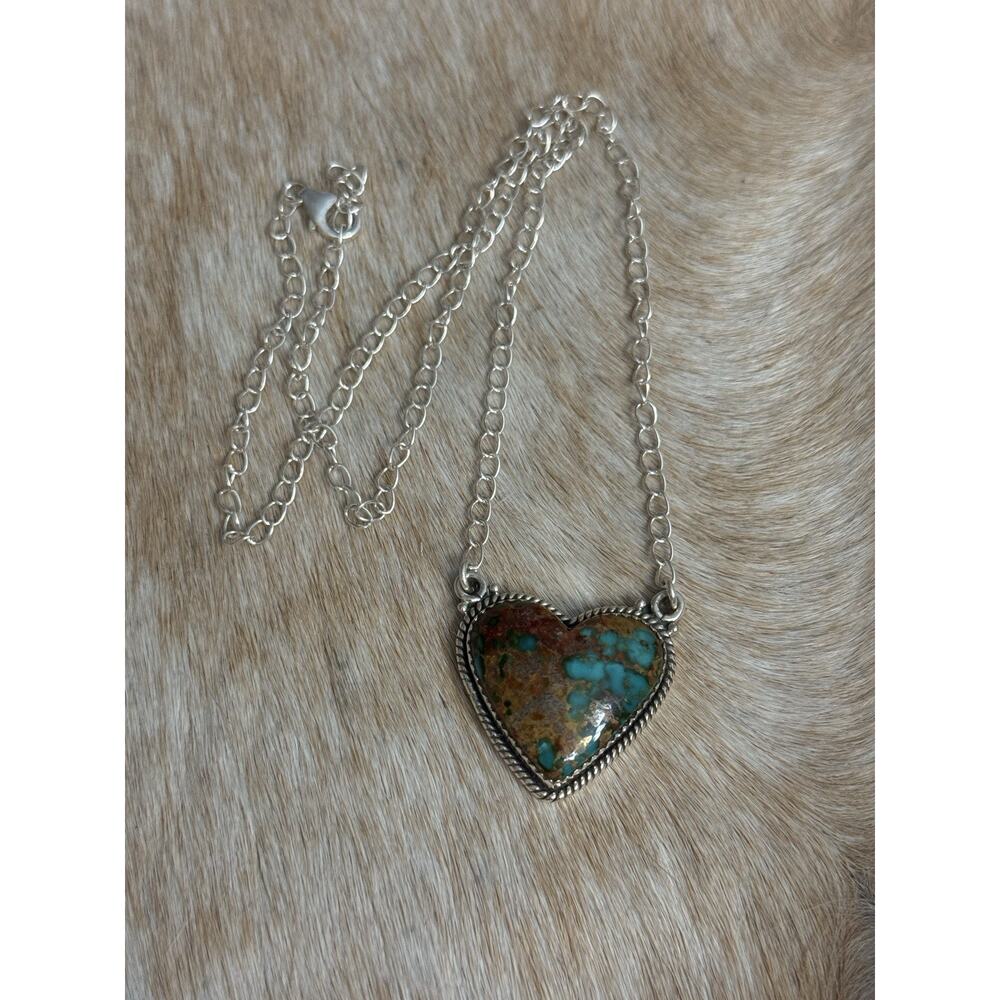 Native American Sterling Silver SW Catalina Turquoise Heart Necklace 925 - Picture 2 of 11